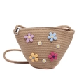 Stroh-Umhängetasche für Kinder mit bunten 3D-Blumen und Reißverschluss-Detail - Khaki
