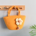 Handwoven yellow cotton rope handbag featuring a white fabric flower and pink charms - Orange Yellow (Puffy Flower)