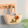 Handmade woven cotton rope handbag with orange sunflower detail in cream finish - Cream White (Retro Orange Flower)
