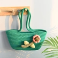 Green handmade woven cotton rope handbag featuring a 3D fabric sunflower decoration - Grass Green (Retro Pink Flower)