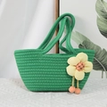 Handwoven green cotton rope handbag with large yellow plush flower charm detail - Grass Green (Puffy Flower)