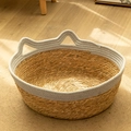 Handwoven straw cat bed with grey cotton rope handles and cute cat ear design features - S / Gray Patchwork Cat Bed (Gray + Straw Basket)