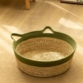 Handwoven natural seagrass cat bed with green cotton rope trim and cute cat ear handles - S / Green Patchwork Cat Bed (Green + Straw Basket)