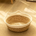 Handwoven cat ear shaped pet bed with dual-tone seagrass and white cotton rope - S / White Patchwork Cat Bed (White + Straw Basket)