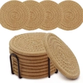 Set di 8 sottobicchieri tondi in cotone intrecciato marrone con supporto in metallo - Set da 8 (Senza Supporto) / Cachi