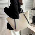 Beige woven straw tote bag with black leather straps and white stitching detail - 45*28 / Cream White
