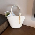Weiße gewebte Baumwoll-Tragetasche mit Spitzenband-Dekoration und Struktur-Finish - Groß / Beige (Mit Band)
