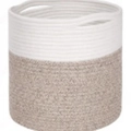 Cylindrical two-tone woven cotton rope storage basket with white and grey color block handles - White+Brown 25cm