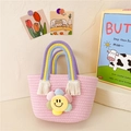 Rosa Baumwoll-Webtasche mit Regenbogen-Griffen und flauschiger Smiley-Sonnenblume-Deko - Smiley Blume Rosa / 28*15
