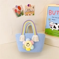Handgewebte hellblaue Baumwolltasche für Kinder mit Regenbogen-Griffen und Sonnenblume - Smiley Blume Blau / 28*15