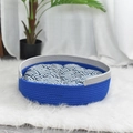 Panier pour chat tissé en coton bleu et gris avec coussin moelleux à motif ondulé - Lit Bleu + Tapis Écailles