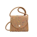 Borsa a busta in corda di cotone kaki fatta a mano con pompon colorati e perla - Cachi con Pois Colorati