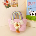 Pink woven cotton rope kids handbag with yellow flower and rainbow braided handle - Flower Pink / 28*15