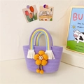 Purple woven cotton rope children bag with rainbow handle and orange flower ornament - Flower Purple / 28*15