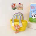 Handwoven yellow cotton rope bag with rainbow handles and flower charm for kids - Floral Yellow / 28*15