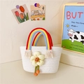 Kids white woven cotton rope handbag with rainbow handle and yellow 3D fabric flower - White with Flower / 28*15
