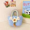 Kids light blue cotton woven tote bag with rainbow handles and yellow flower detail - Flower Blue / 28*15