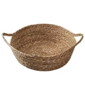 Handcrafted round seagrass cat bed with dual handles in natural beige wicker finish - Double Handle Bare Cat Nest
