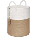 Cesta de lavandería de cuerda de algodón tejida con asas y borla de cuentas de madera - Blanco Y Café (Colgante de Cuentas de Rombo)