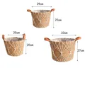 Set di tre cesti in alghe marine con rete in corda bianca e manici in pelle marrone - Grande / Bianco