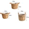 Set di 3 cesti in erba marina intrecciata con manici in pelle e rivestimento interno - Grande / Cachi