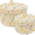 Two-piece set of woven storage baskets with colorful pom-poms and matching lids - Set of 2 (Small & Large) / Beige with Confetti