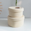 Two-piece set of woven cotton rope storage baskets with lids and leather handles - Set of 2 (Small & Large) / Beige
