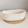Ovaler handgewebter Aufbewahrungskorb aus weißem Baumwollseil mit brauner Unterlage - Weiß / Klein 23*13*7cm