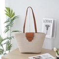 Minimalistische beige geweven strandtas met bruine leren riemen voor vakantie - 40CM*25CM / Broken Wit