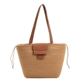Handwoven khaki straw tote bag with brown leather shoulder straps and drawstring closure - Khaki