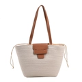 Cream woven tote bag with brown leather handles and decorative clasp closure - Off White