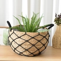 Fioriera nordica in paglia intrecciata con rete in corda nera e maniglie laterali - Medio 30x20cm / Stile a Rete Nera (Manico in Cotone)
