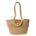 Borsa tote in paglia intrecciata con patta in pelle e chiusura con perla centrale - Cachi / 35x20x10cm