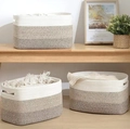 Set di tre cesti portaoggetti in corda di cotone intrecciata con design bicolore e manici - Bianco+Tan+Marrone Scuro (37x25x22cm)