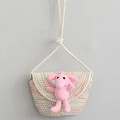 Bunte gewebte Stroh-Umhängetasche für Kinder mit rosa Plüschelefant und weißem Seil - Bunte Linie + Rosa Elefant