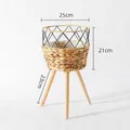 Nordic woven plant stand with 25cm diameter straw basket and wooden tripod legs - Water Hyacinth Wood Legs Medium