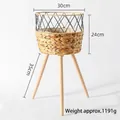 Nordic straw woven flower pot with black iron frame and wood legs, size 30x24x35cm - Water Hyacinth Wood Legs Large