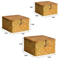 Set di tre cesti portaoggetti intrecciati con coperchi e chiusure in legno naturale - Combinazione Piccolo Medio Grande