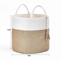 Detail view of cotton rope laundry basket with size labels 35x40cm and tassel decor - Hemp Rope Lined Style (With Bead Pendant) / White with Yellow