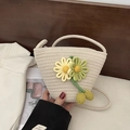 Borsa a tracolla in corda di cotone color crema con fiori gialli e nappe verdi stile boho - Borsa con cerniera / Bianco Sporco