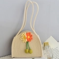 Borsa a mano beige in corda di cotone fatta a mano con decoro floreale 3D e ciondoli - Chiusura Magnetica (Larghezza Superiore 19*Spessore 5*Altezza 20) / Beige