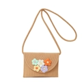 Beigefarbene gewebte Kinder-Umhängetasche aus Stroh mit fünf bunten Häkelblumen - Bunte Blumen Khaki / 20x3x14cm