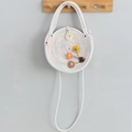 White handwoven round cotton bag with colorful wavy stitching and floral accents - 20x20cm / White Multicolor Thread with Flowers