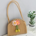 Borsa a mano in corda di cotone kaki con fiori 3D e tracolla lunga - Chiusura Magnetica (Larghezza Superiore 19*Spessore 5*Altezza 20) / Cachi