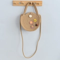 Handmade woven crossbody bag in khaki featuring 3D floral accents and wood button - 20x20cm / Khaki with Flowers