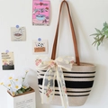 Handmade woven tote bag with black and white stripes and a large lace bow detail - Flattened (Top Width 38 * Height 25) / Off-White Contrast Black With Drawstring Lining