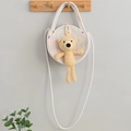 Handmade round woven crossbody bag in white with yellow plush bear and wood button - 20x20cm / White Multicolor Thread with Bear