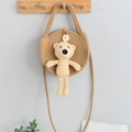 Children's round woven straw crossbody bag with cute beige teddy bear ornament - 20x20cm / Khaki with Bear