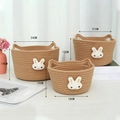 Three-piece set of khaki woven cotton rope storage baskets with bunny patches and cat-ear handles - Large Medium Small Combination / Brown