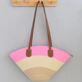 Pink and beige striped woven tote bag with brown leather shoulder straps and zip closure - Pink, Off-white, and Khaki